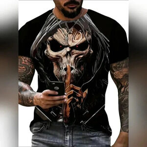 Skeleton Skull Biker 3D Digital Graphic Tee-Shirt